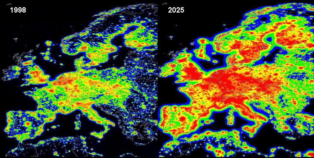 Mapa svetelného znečistenia v Európe – stav v roku 1998 a predpoveď na rok 2025 