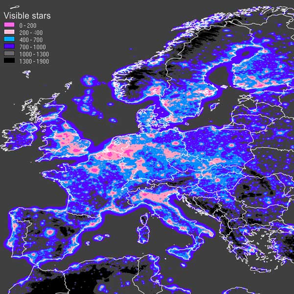 Mapa počtu viditeľných hviezd – Európa