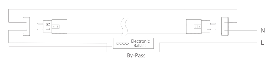 Schéma zapojenia LED trubice pri svietidlách s elektronickým predradníkom
